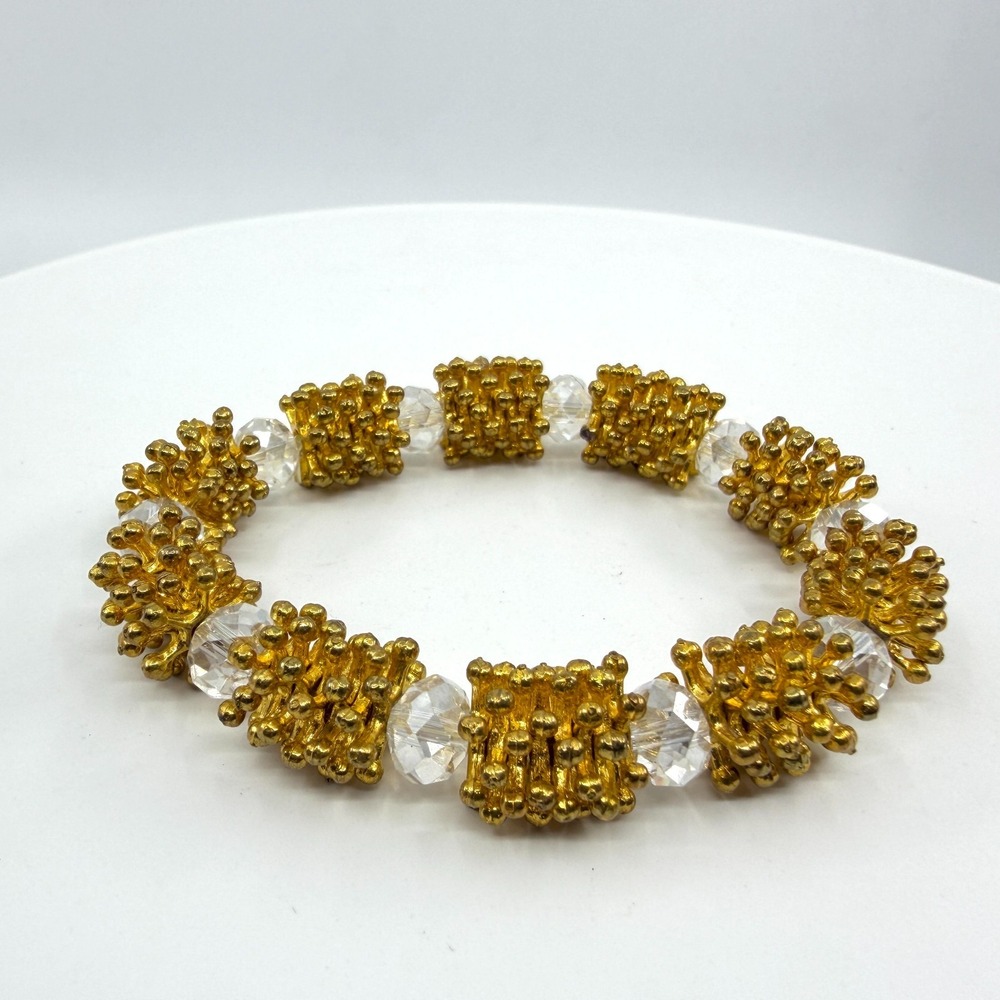 Gold Tone Crystal Stretch Bracelet - Chunky Glam Party Jewelry Gift